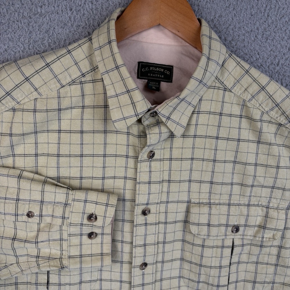 C.C. FILSON Button Shirt Mens XL Yellow Plaid Cotton Pockets Long Sleeve